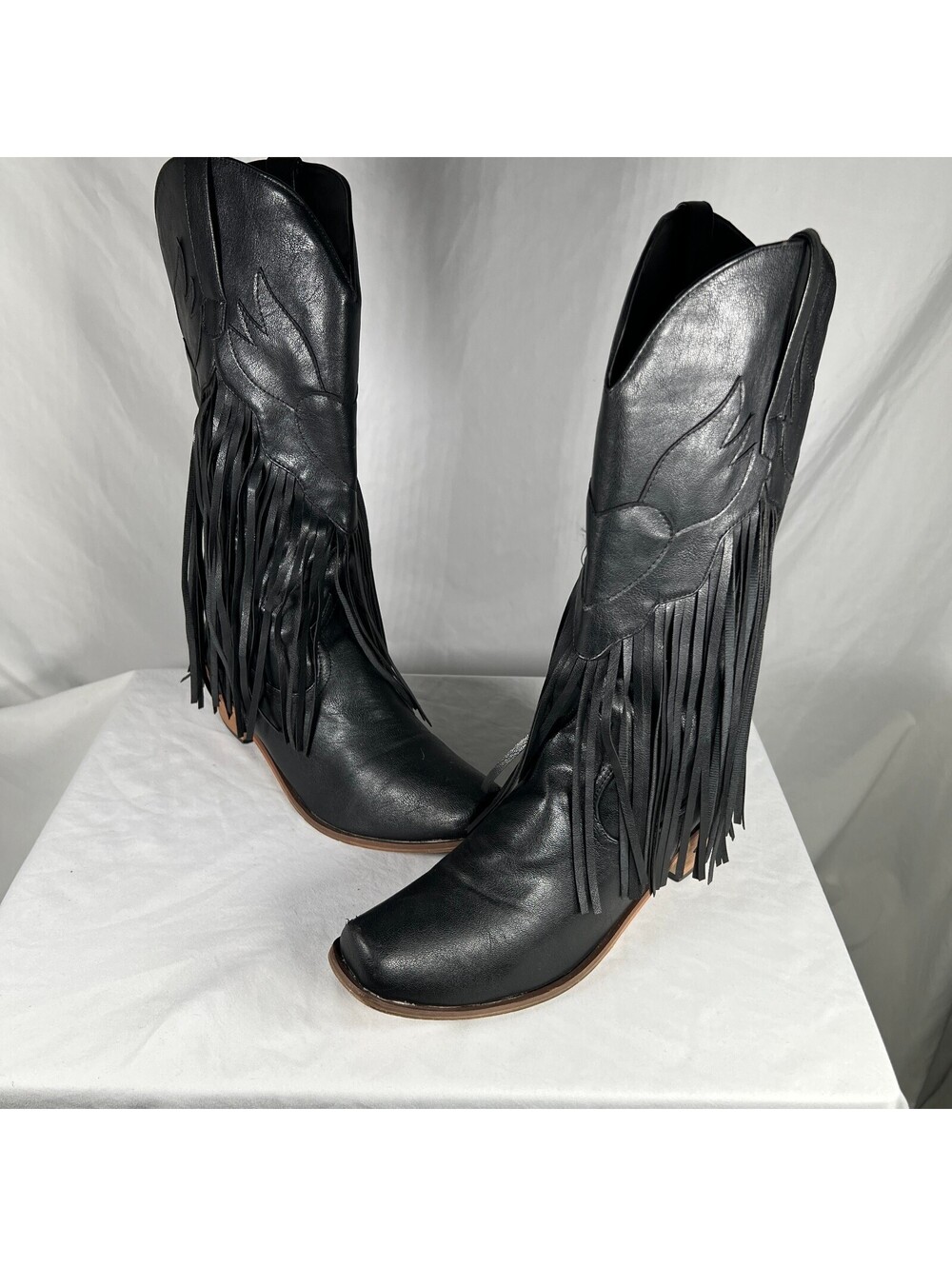 Black Fringe Western Cowboy Boots EU 39 Pull On Square Toe Cowgirl